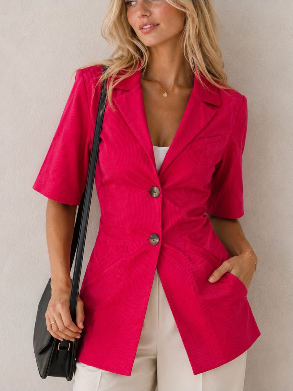 GANNI Fuchsia Pink Cotton-Blend Corduroy Blazer Size 36 8760